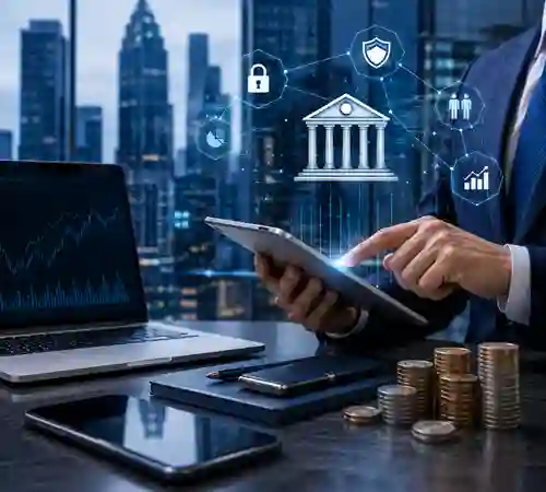 image of bank employee working on a tab