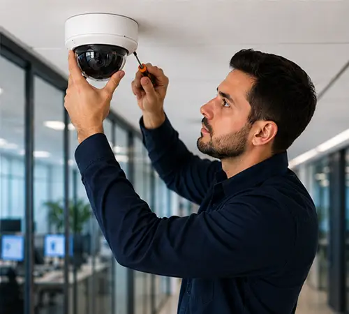 Company staff installing CCTV camera for the client