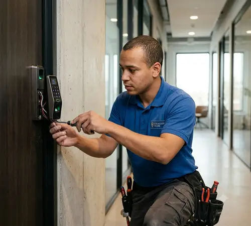 Employee fixing the acess control machine