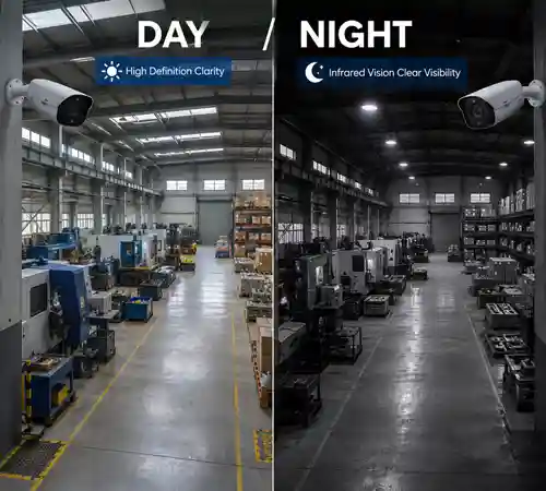 Image of cctv view of factory at day and at night