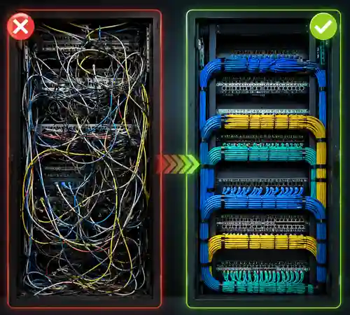 Image showing comparison of tangled cables converting to structured cabling