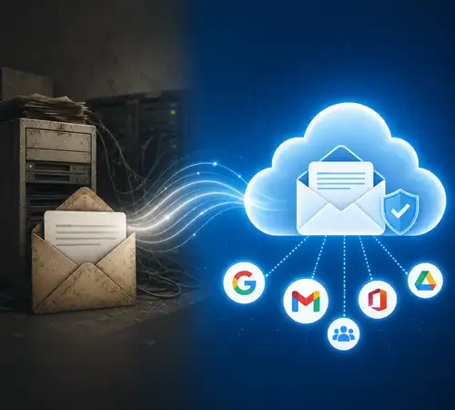 A graphic showing the transition from old servers to secure cloud networks