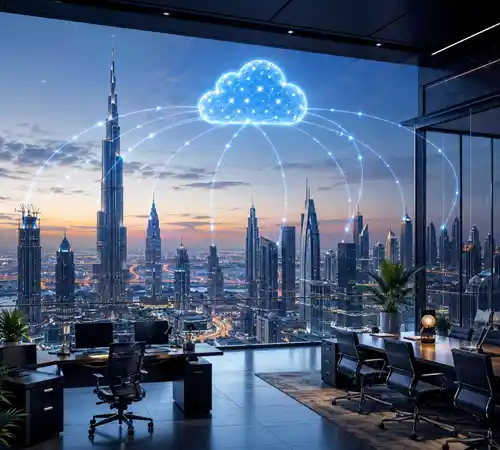 image of dubai city surrounded by cloud computing