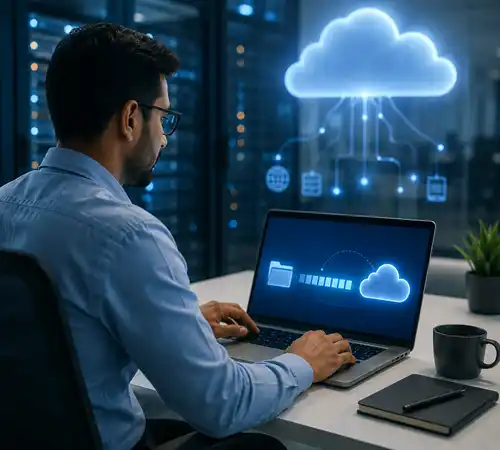 A professional IT expert monitoring cloud migration on a laptop