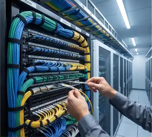 employee structuring cables in a server room